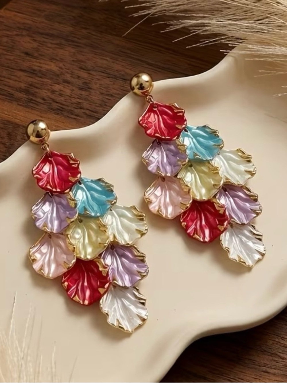 Multicolor Petal Cascade Drop Earrings - Gold Accent